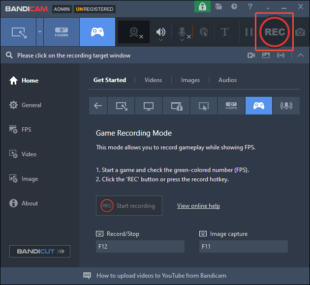 Click on REC to start recording Fall Guys in Bandicam