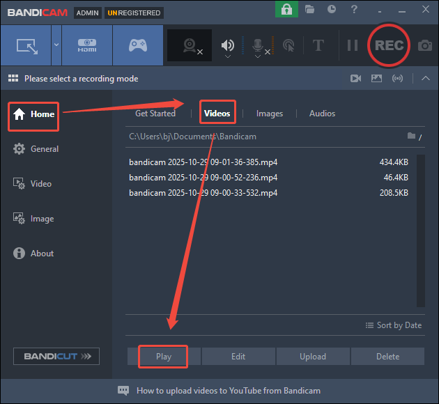 Go to the Home module and click on Video, then click on Play to check the recordings in Bandicam