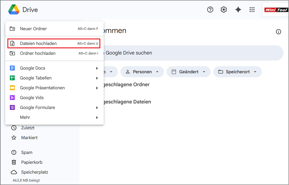 in Google Drive auf „Dateien hochladen“ klicken