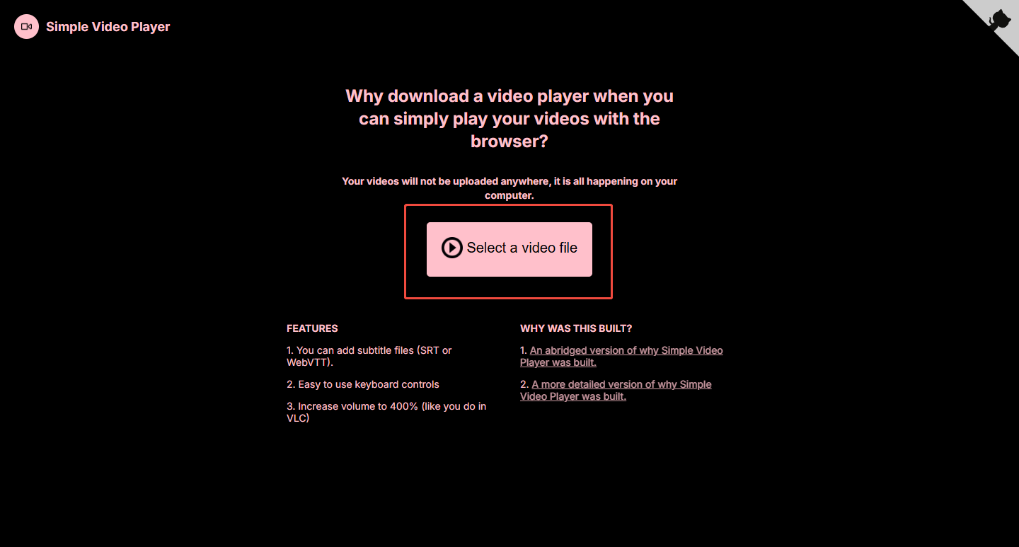 die abzuspielende MOV-Datei mit der Schaltfläche „Videodatei auswählen“ auf Simple Video Player hochladen