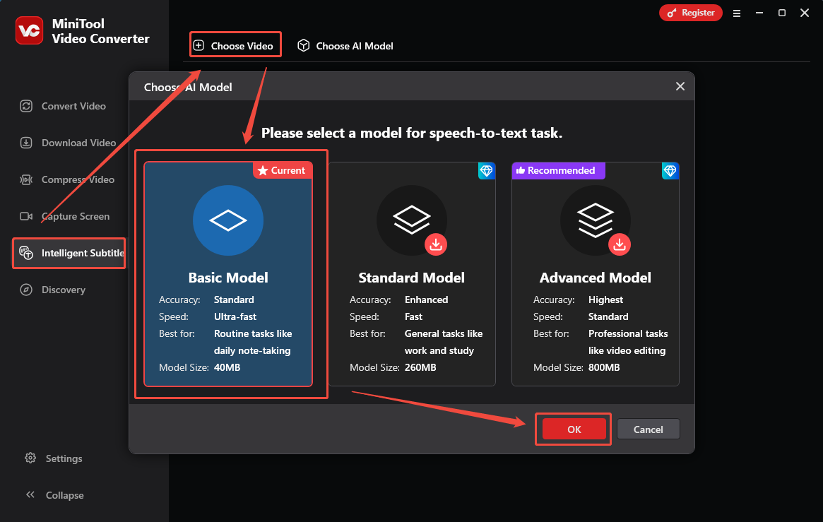Click on OK in the Choose AI Model window of MiniTool Video Converter to download the model and import the M4A file