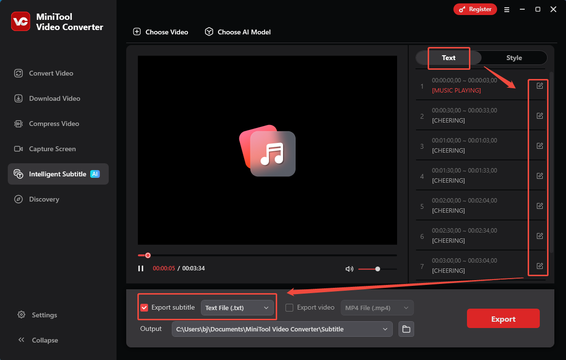 Click on the Edit icon and expand the Export subtitle option in MiniTool Video Converter to choose TXT as the output format
