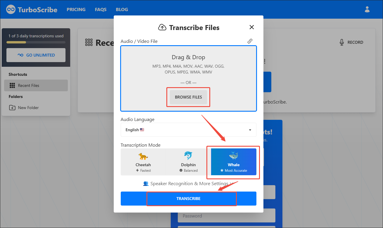 Click on BROWSE FILE to import the M4A file, choose a transcription mode, and click on TRANSCRIBE in TurboScribe to begin the conversion process