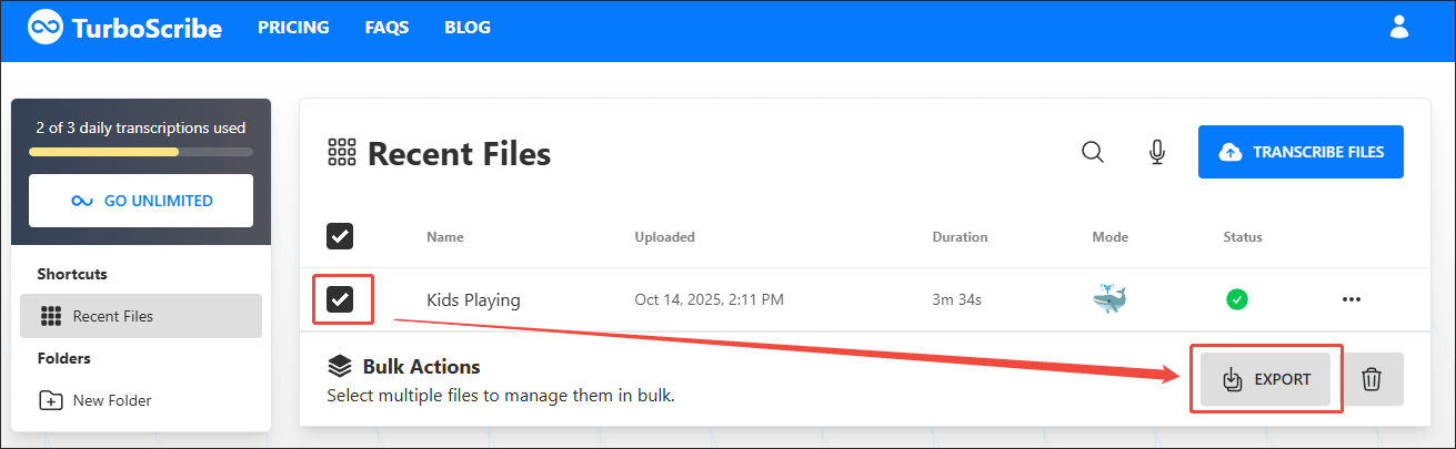 Click on EXPORT in TurboScribe to enter the output format window