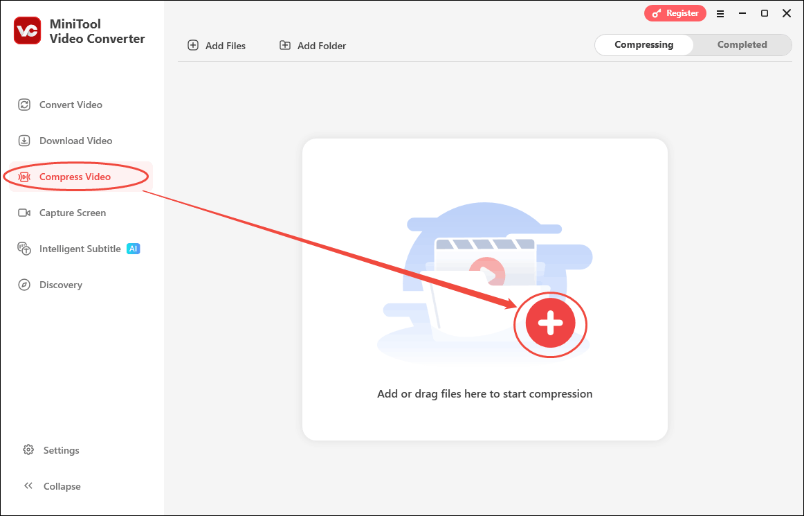 Click the Plus icon in the Compress Video tab of MiniTool Video Converter to import the target videos