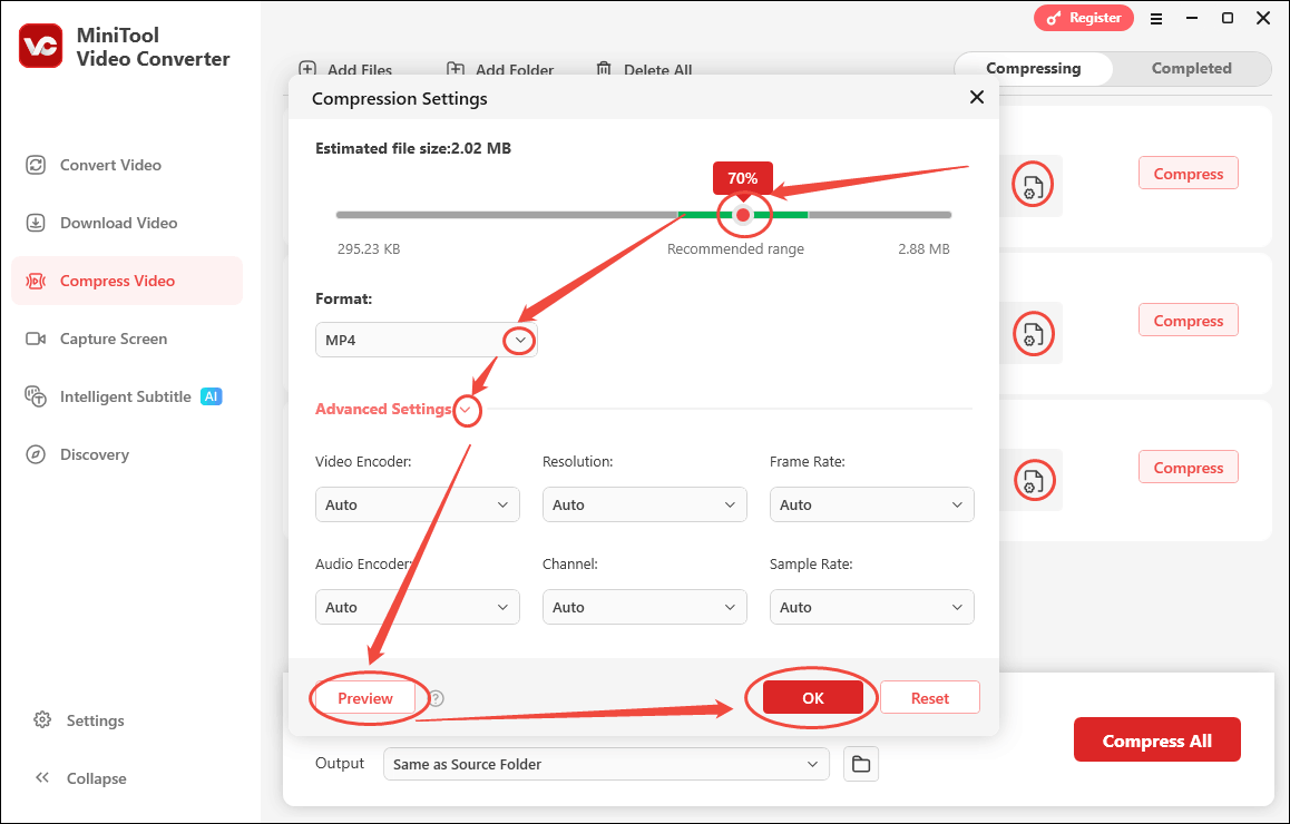 Configure the compression settings in the Compression Settings window of MiniTool Video Converter
