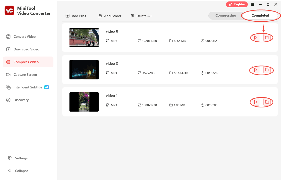 Click the Play icon or the Folder icon under the Completed tab of MiniTool Video Converter to view or locate the compressed video