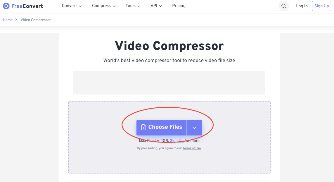 Click the Choose Files option in FreeConvert Video Compressor to upload your video