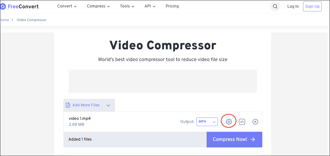Click the Gear icon in FreeConvert Video Compressor to trigger the Advanced Options window