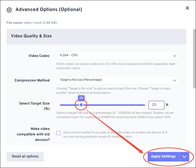 Specify the compression settings in FreeConvert Video Compressor