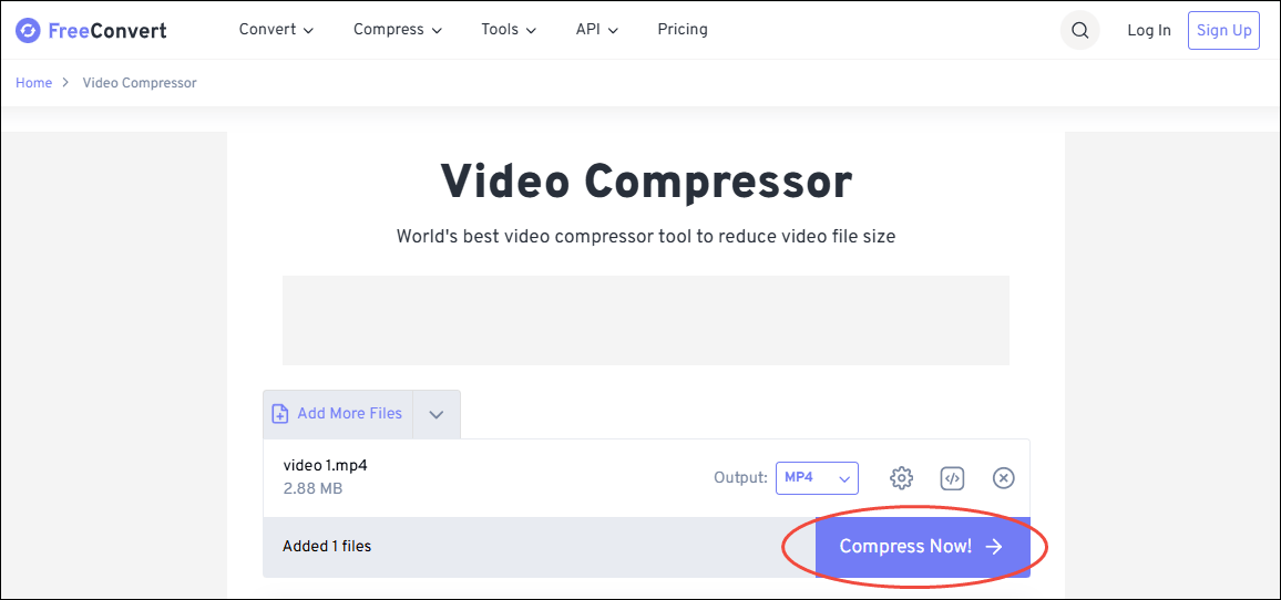 Click the Compress Now option in FreeConvert Video Compressor to begin the compression process