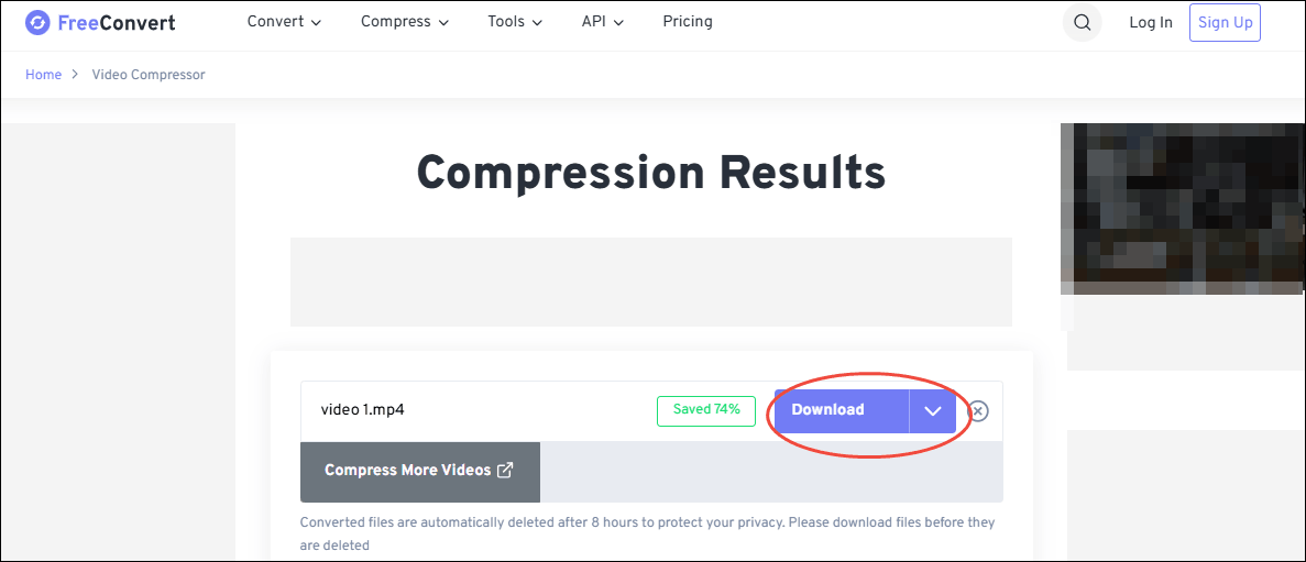 Click on the Download button in FreeConvert Video Compressor to store the compressed video
