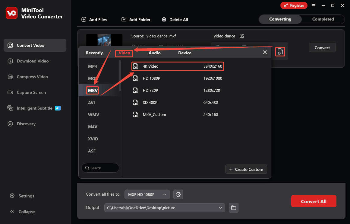 Ausgabeformatfenster in MiniTool Video Converter öffnen und MKV unter „Video“ als Ausgabeformat auswählen