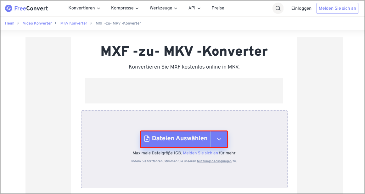 zum Upload auf FreeConvert klicken Sie auf „Dateien Auswählen“