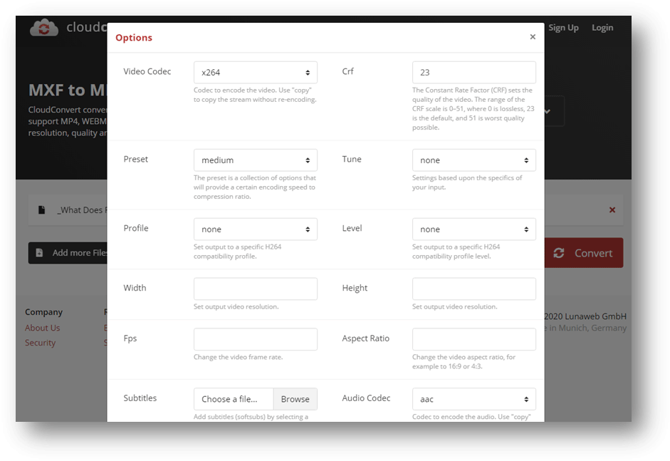 CloudConvertのオプションウィンドウ