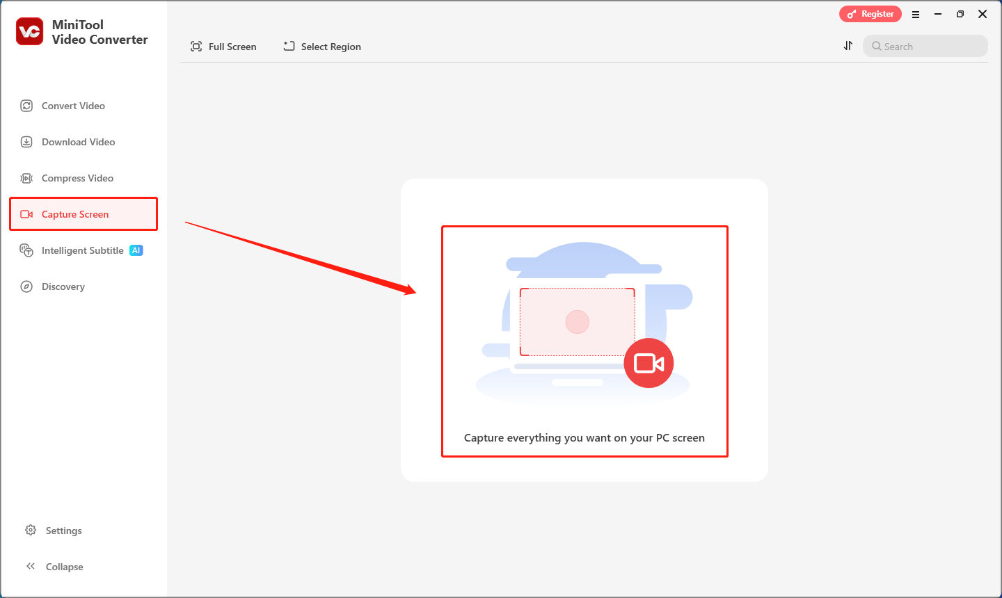 MiniTool Screen Recorder durch Klicken auf den mittleren Bereich öffnen