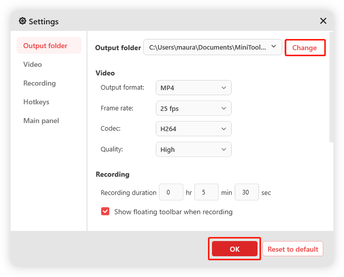 Ausgabeordner, Bildrate, Qualität und Hotkeys im Einstellungsfesnter ändern und mit „OK“ bestätigen