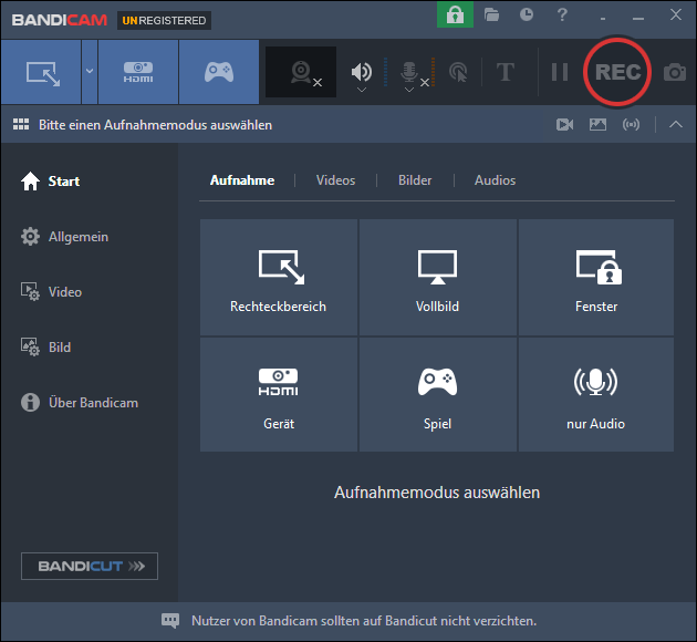 verfügbare Aufnahmemodi in Bandicam