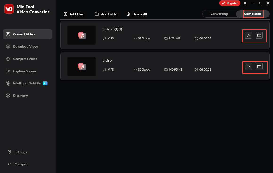 Click on the Play icon or the Folder icon in MiniTool Video Converter to view or locate the output files