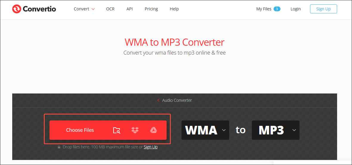 Click on Choose Files in Convertio to upload the WMA files