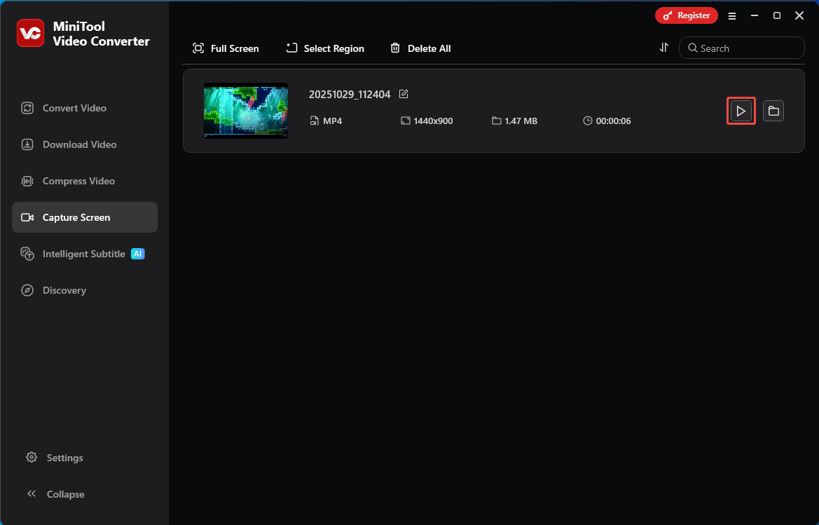 Click on the Play icon to review the recorded Celeste video in MiniTool Video Converter