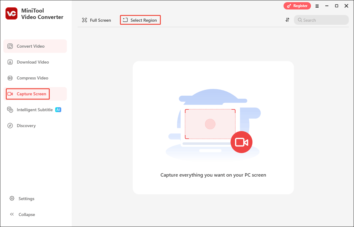 Click the Select Region option under the Capture Screen tab of MiniTool Video Converter to open the MiniTool Screen Recorder window