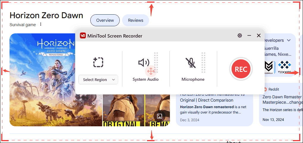 Drag the red border in MiniTool Screen Recorder to determine the range of Horizon Zero Dawn to be recorded