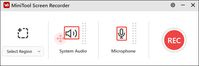 Click the audio icons in MiniTool Screen Recorder to adjust the system and microphone audio