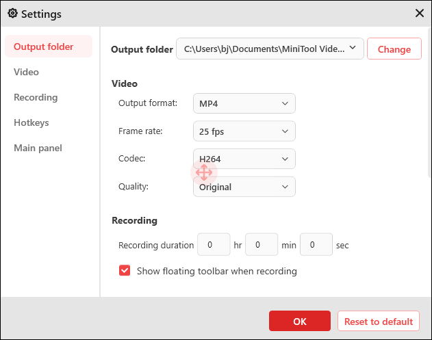 The Settings window of MiniTool Screen Recorder