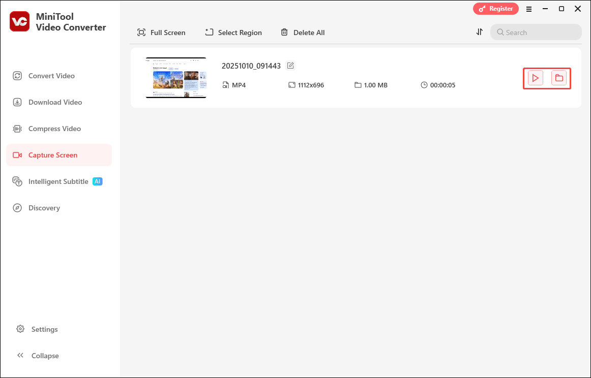 Click the Play icon or Folder icon in MiniTool Video Converter to check or locate the recorded video on your computer