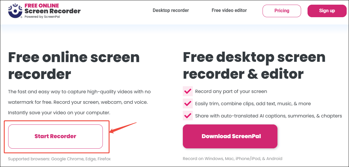 Click the Start Recorder option in Online Screen Recorder to open a pop-up window