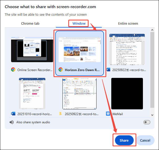 Choose your Horizon Zero Dawn page and click the Share button in the pop-up window of Online Screen Recorder to save the choice