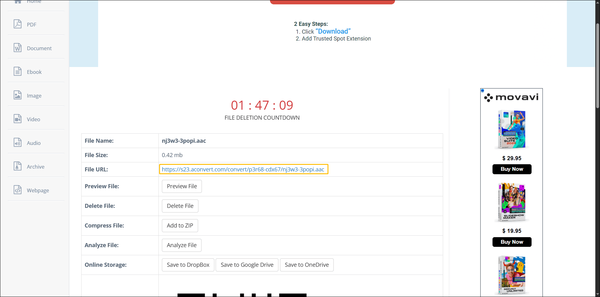Aconvert compressed file page with the file URL circled