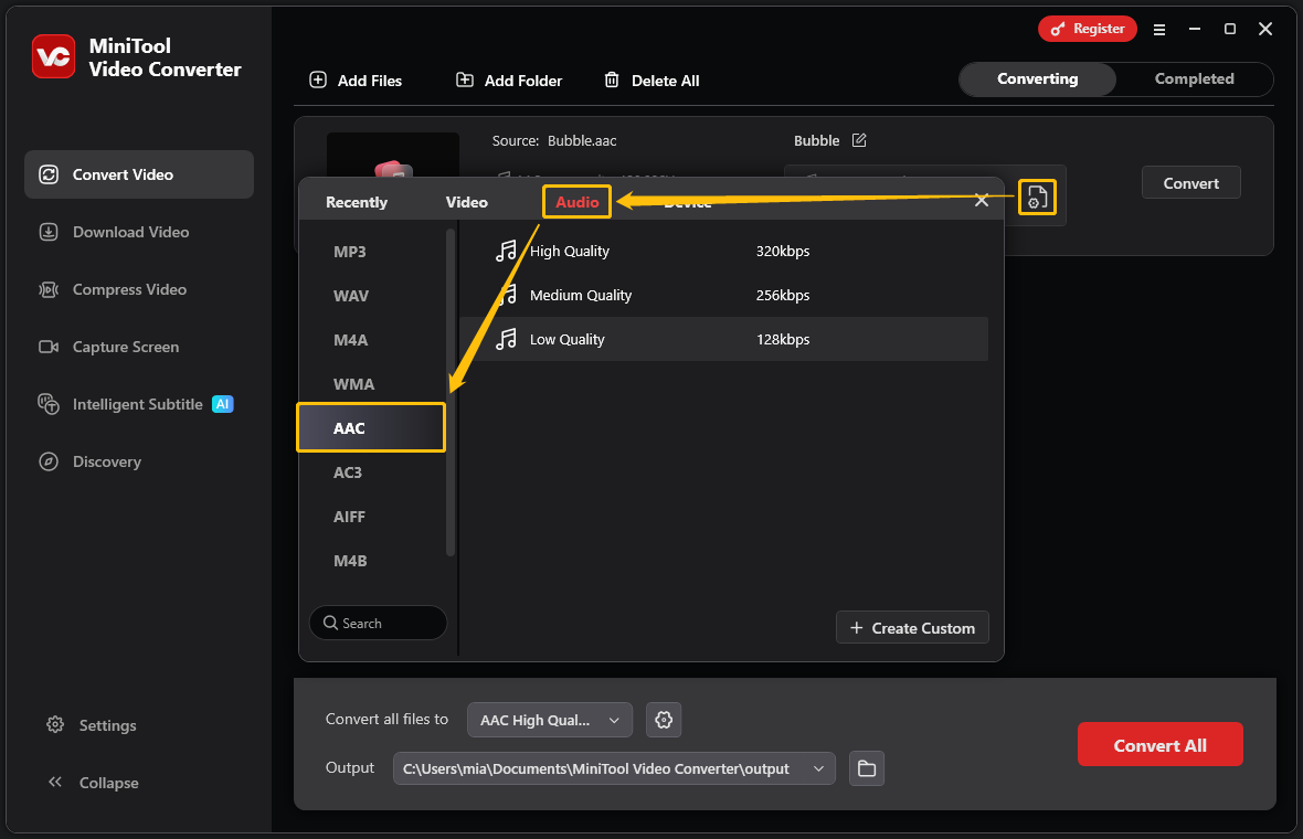 MiniTool Video Converter interface showing how to choose the output format