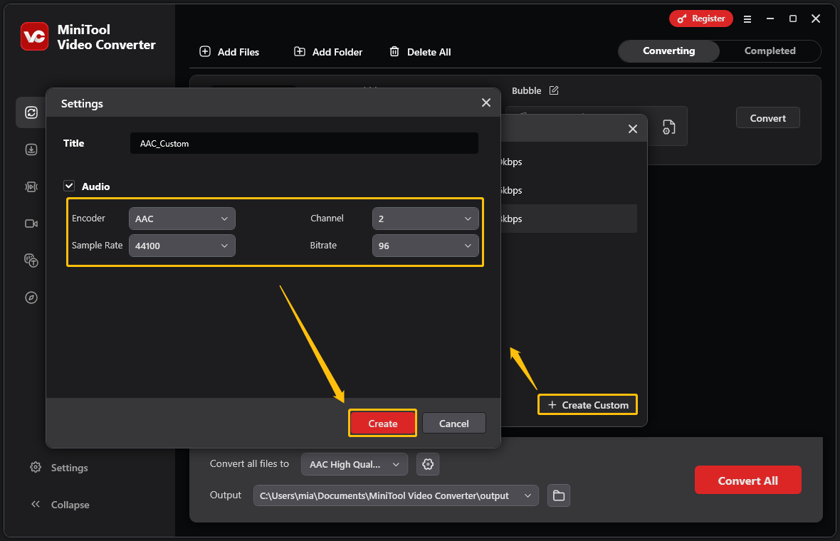 MiniTool Video Converter interface showing how to create custom parameters