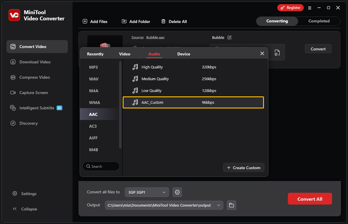 MiniTool Video Converter interface with the custom formats option highlighted