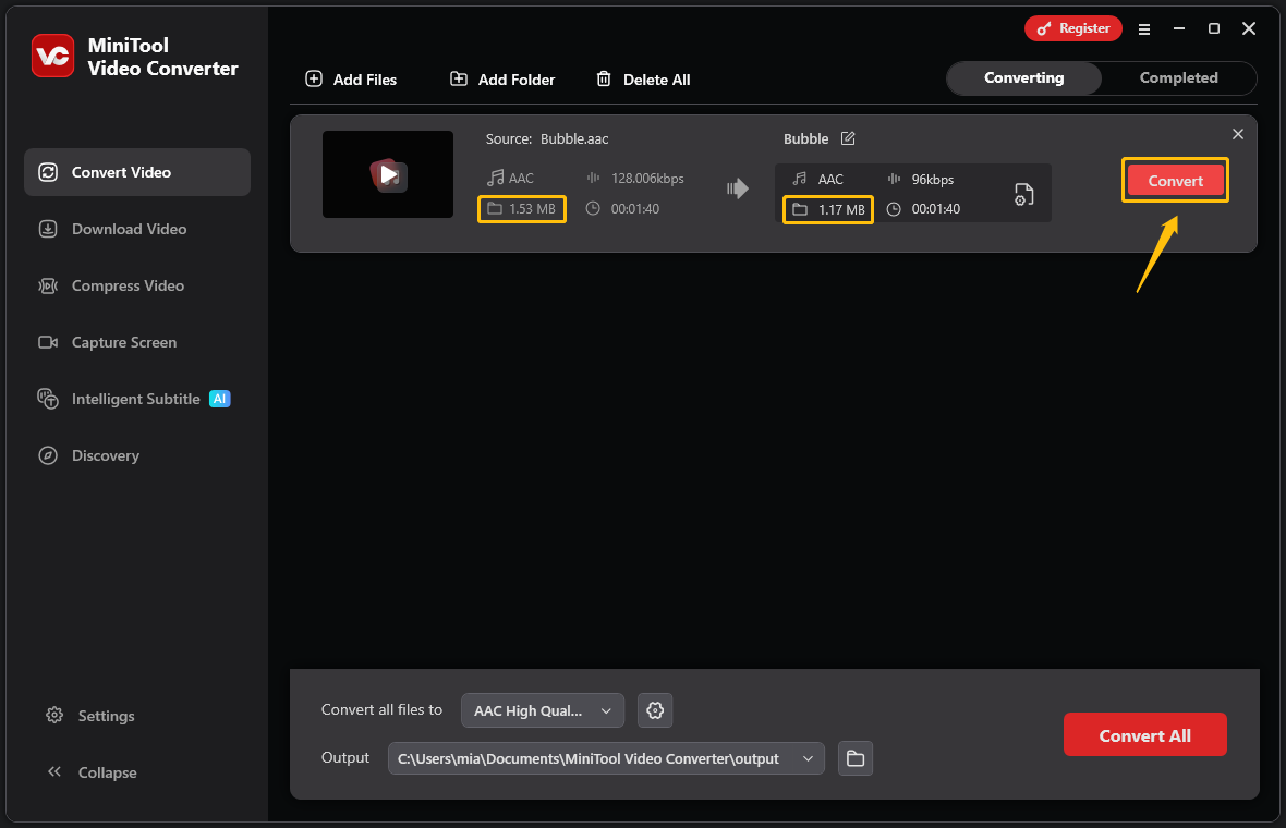 MiniTool Video Converter interface shows the size of the source file and the converted file, and the Convert button is circled