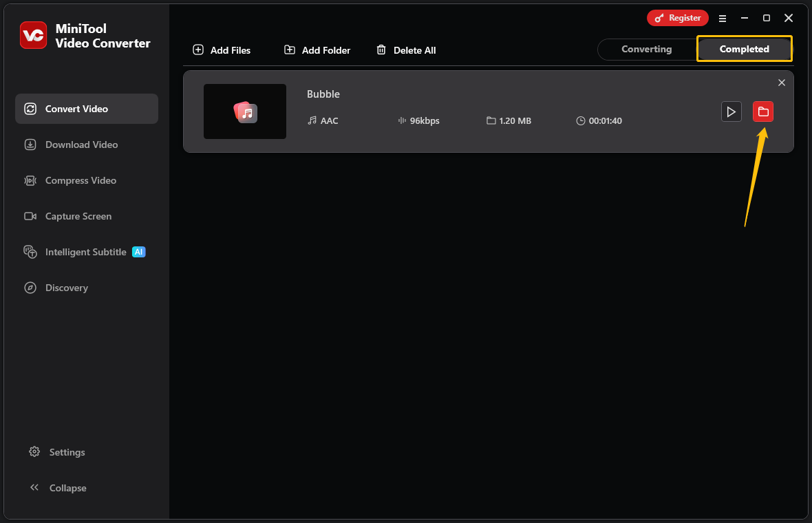 MiniTool Video Converter interface with the converted file task, and the folder icon on it is highlighted