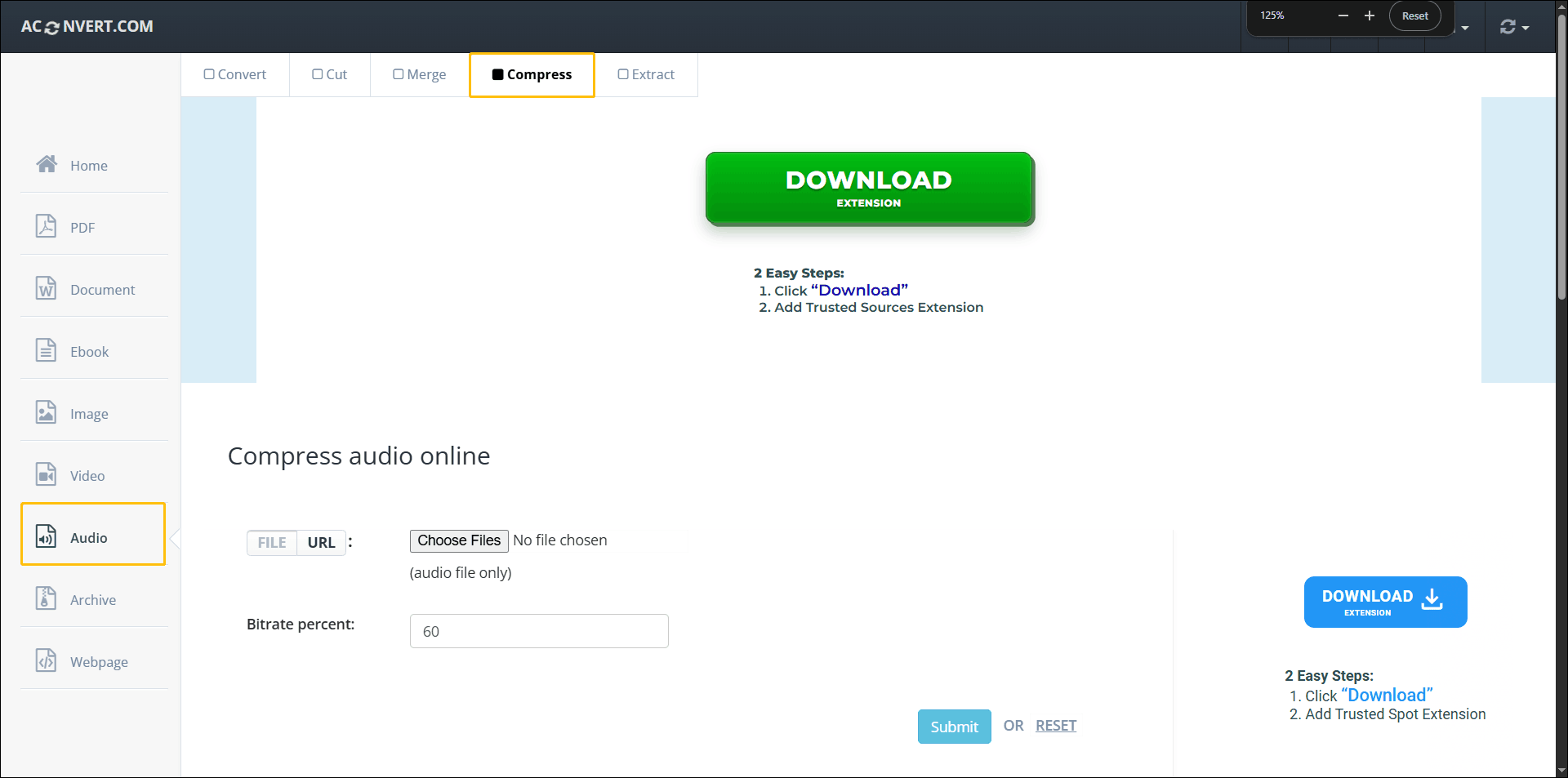 Aconvert homepage with the Audio and Compress option highlighted