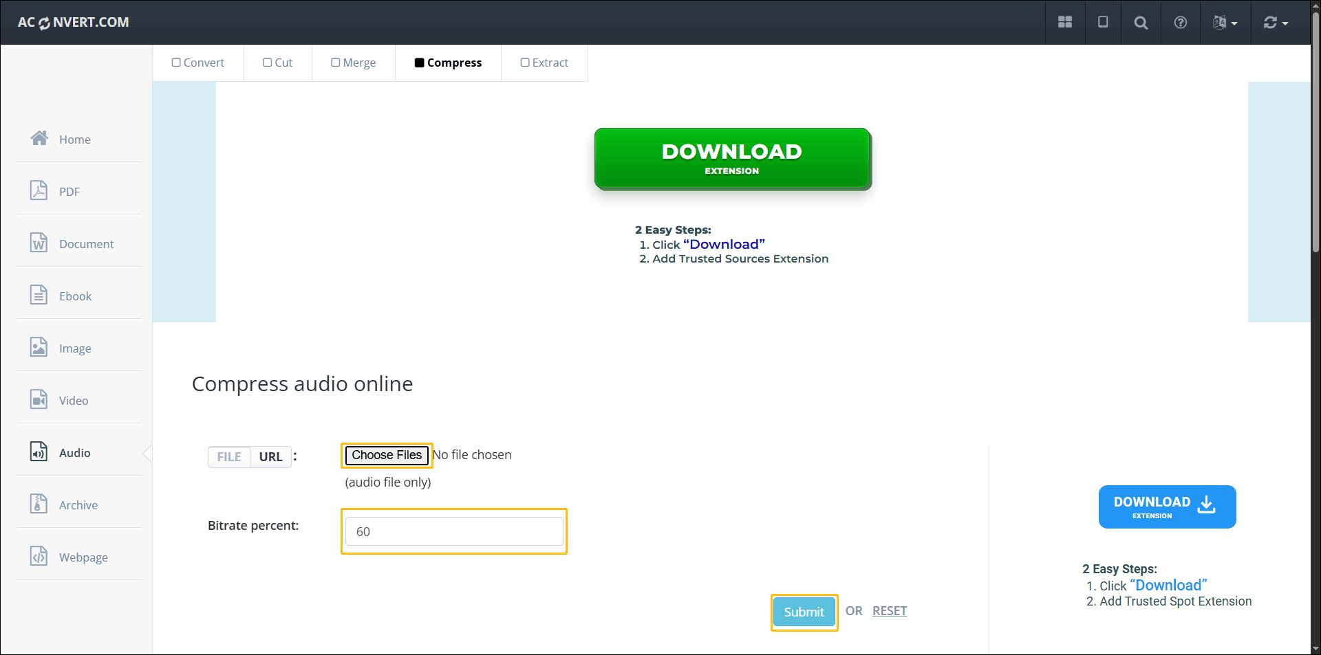 Aconvert compressing page showing the Choose Files button and the box next to the Bitrate percent are circled