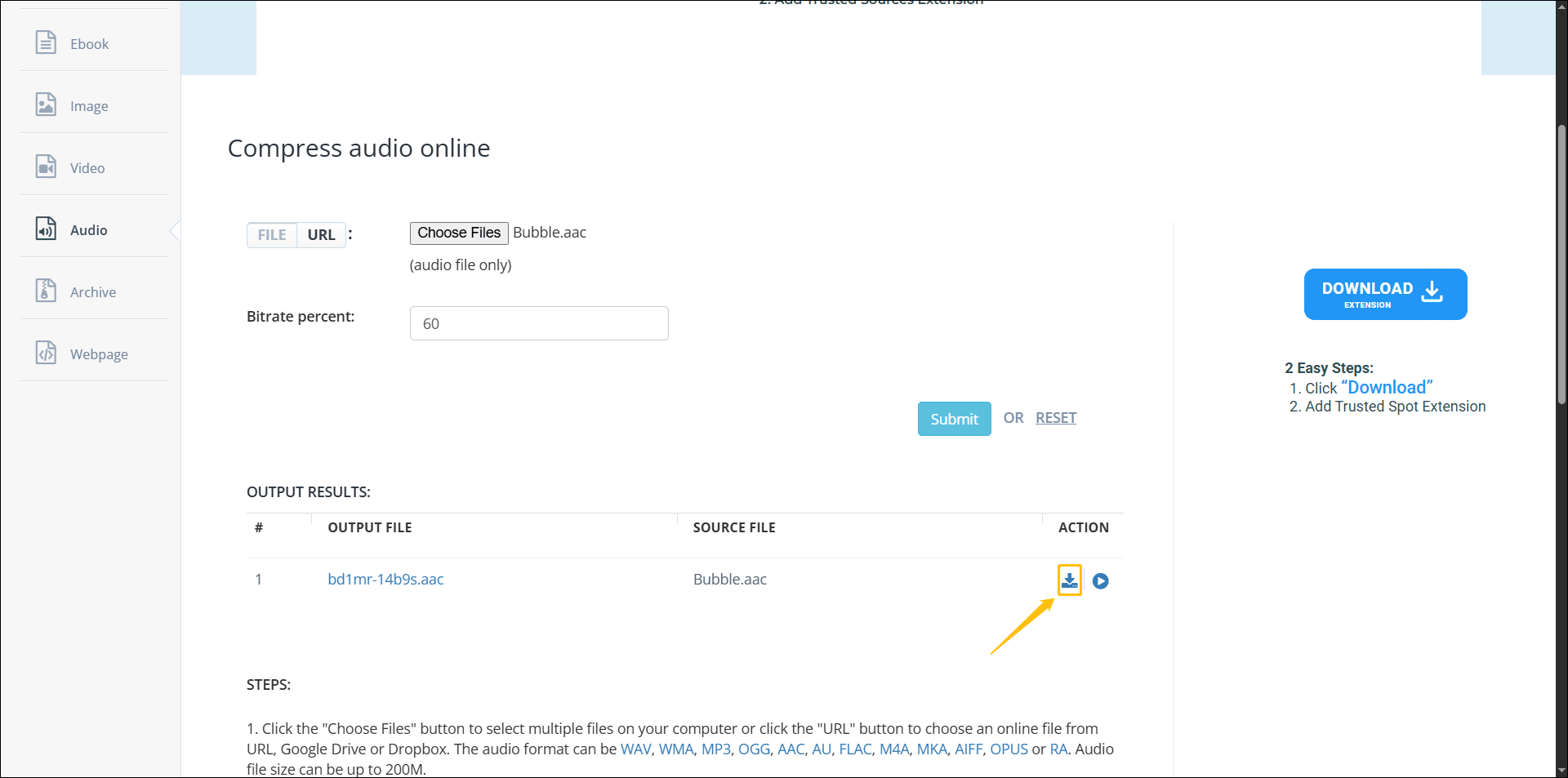 Aconvert compressing page shows the download icon pointed by an arrow