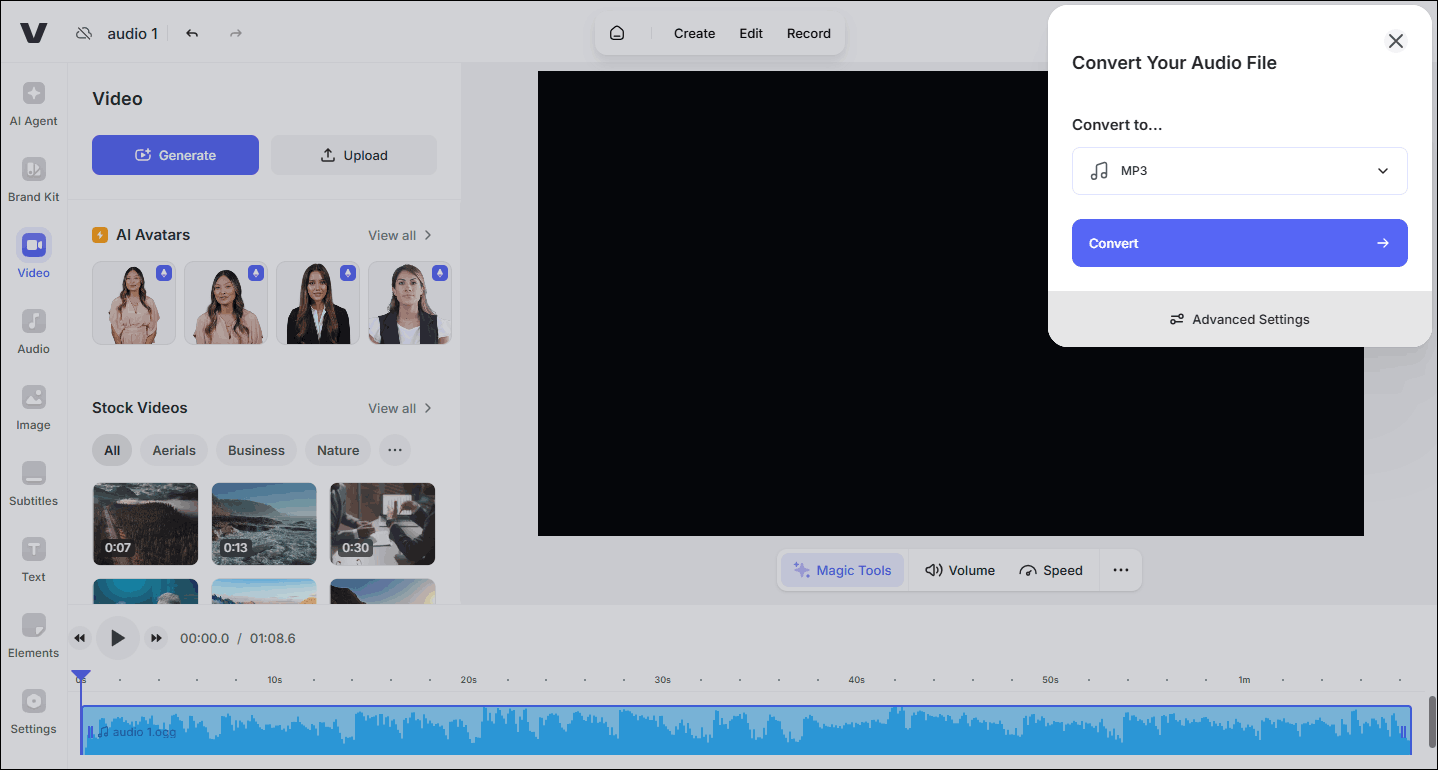 The audio conversion interface of VEED.IO