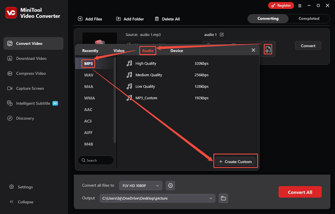 Select MP3 and click the + Create Custom option in the output format window of MiniTool Video Converter to enter the Settings window