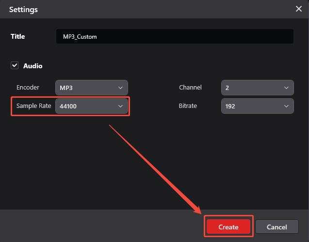 Choose a lower sample rate and click the Create button in the Settings window of MiniTool Video Converter to apply the settings