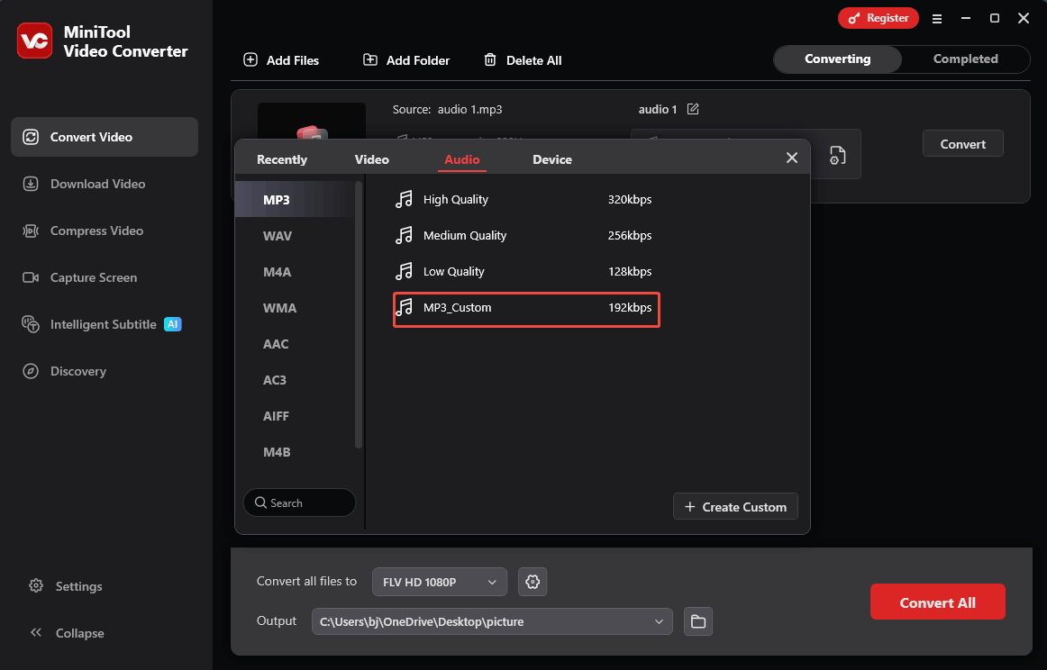 Configure MP3_Custom in the output format window in MiniTool Video Converter as the output format
