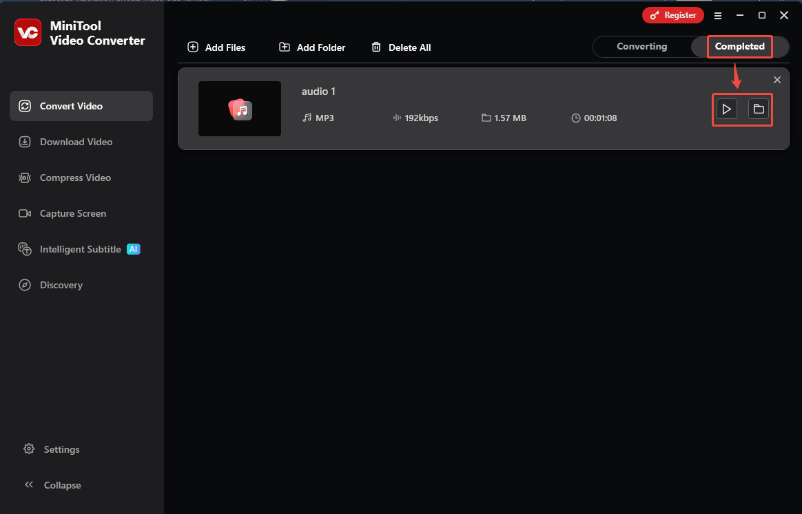 Click the Play icon or Folder icon under the Completed tab of MiniTool Video Converter to check or locate the converted audio
