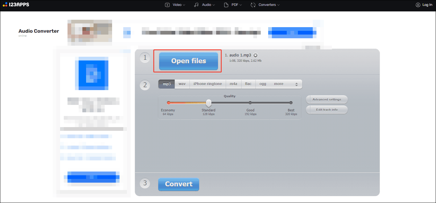 Click the Open files option in Online Audio Converter to import the target audio