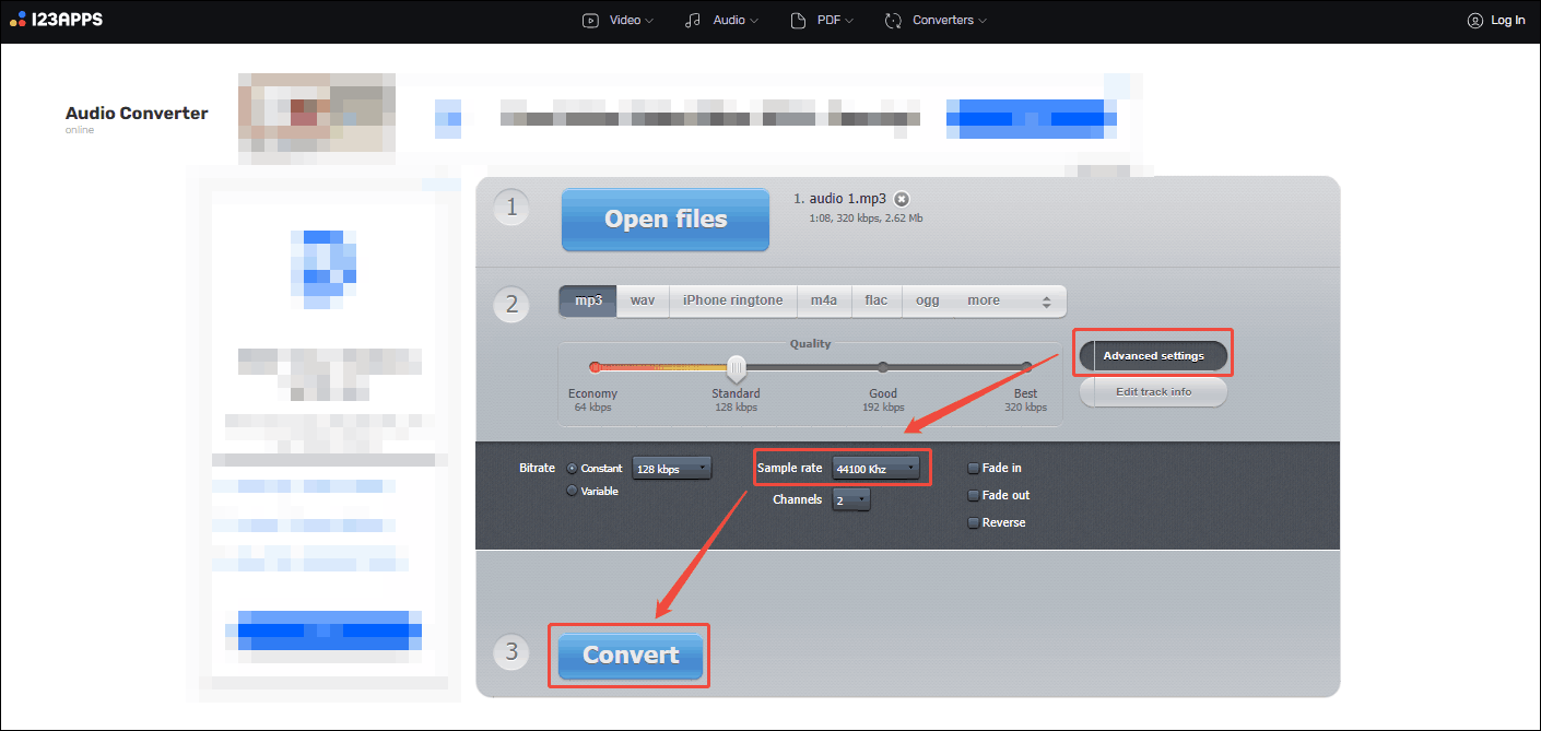 Select 44100 Khz as the output sample rate and click the Convert button in Online Audio Converter to begin the conversion