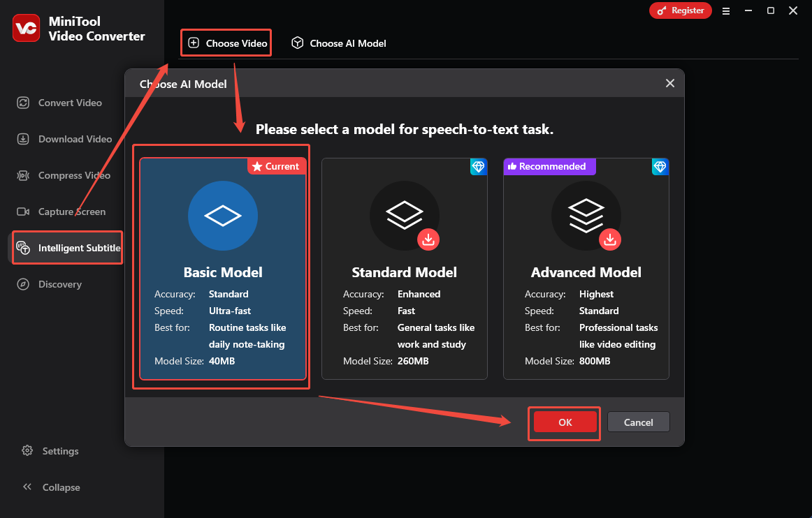 Click on Choose Video in MiniTool Video Converter to choose and download an AI model