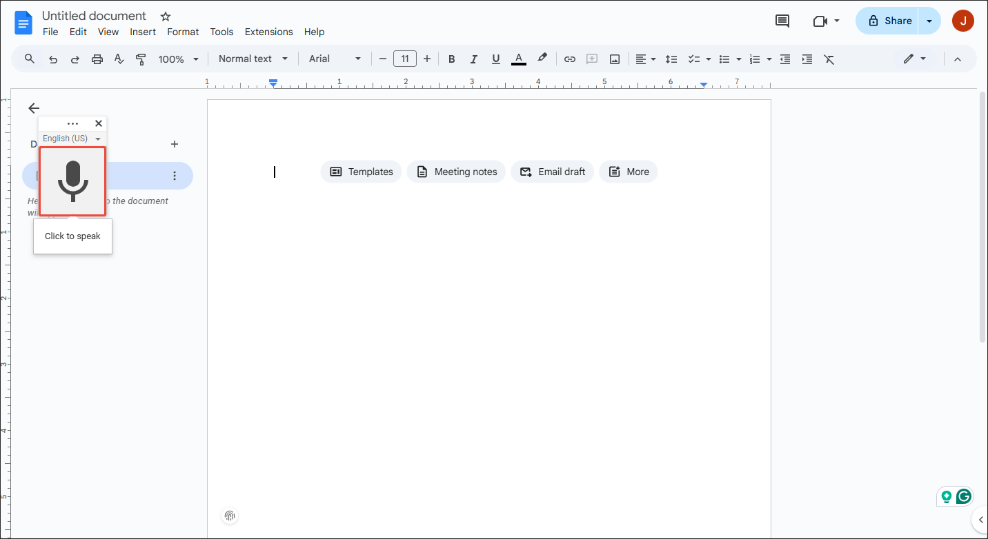 Click on the Microphone icon in Google Docs to start the transcription process